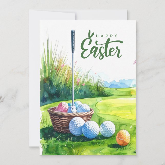 Påskgolfbollar och ägg i metallask golfbana julkort (Framsida)
