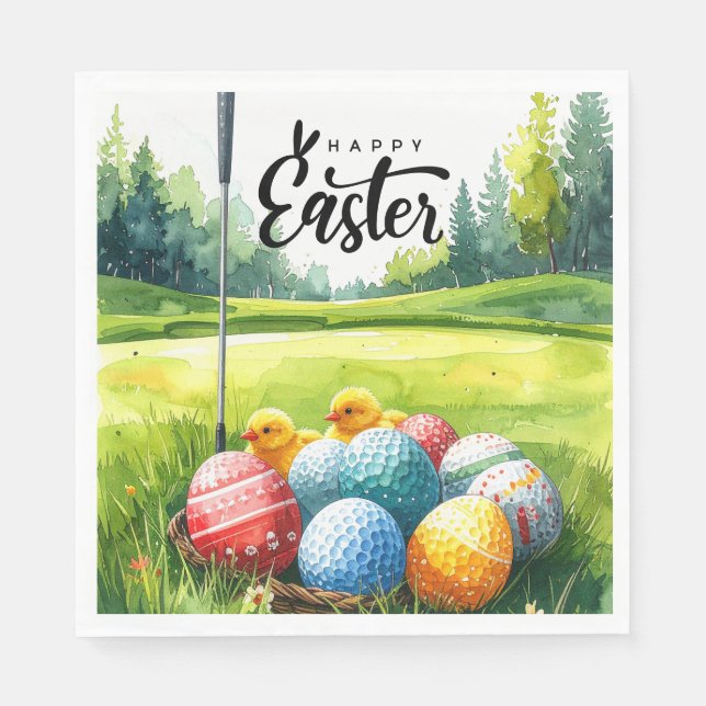 Påskgolfbollar och ägg i plåtburk golfbana pappersservett (Framsidan)