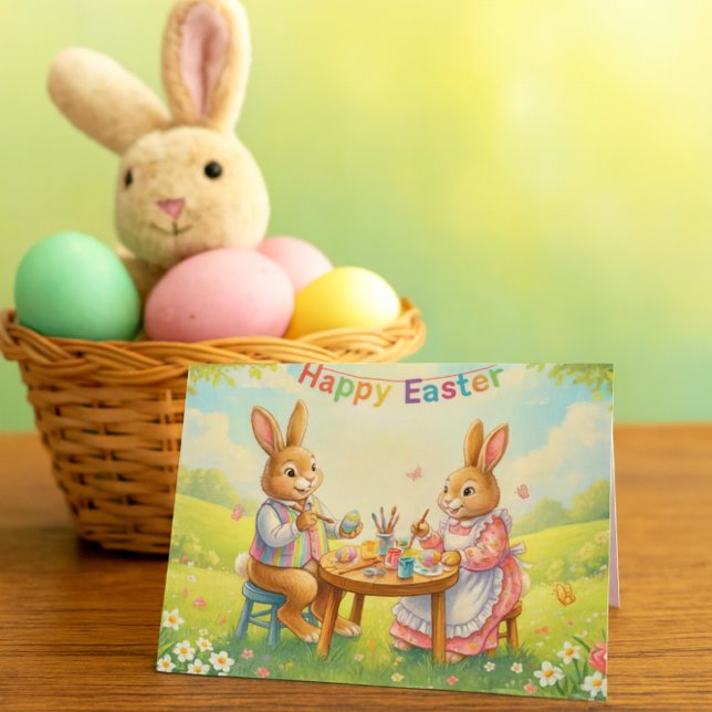 Påskharar Färglägger Ägg Familj Högtidskort Helgkort (Sweet Easter card featuring illustrated bunnies, pastel eggs, and spring details)