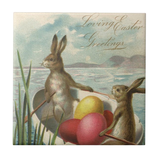 Påskharar i en båt med påskägg kakelplatta (Framsidan)