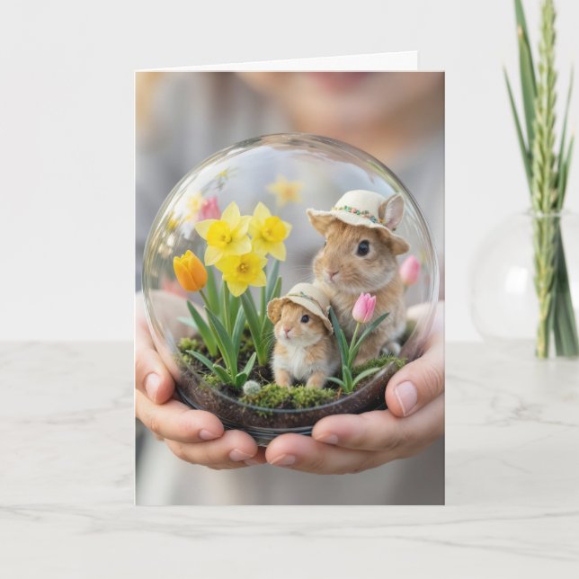 Påskharar i terrarium hållna av barns hand kort (Framsida)