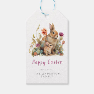 Påskharar med blommor presentetikett
