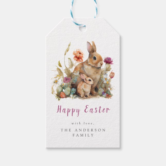 Påskharar med blommor presentetikett (Framsidan)