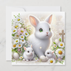 Påskharar med guldkors och vårblommor kort