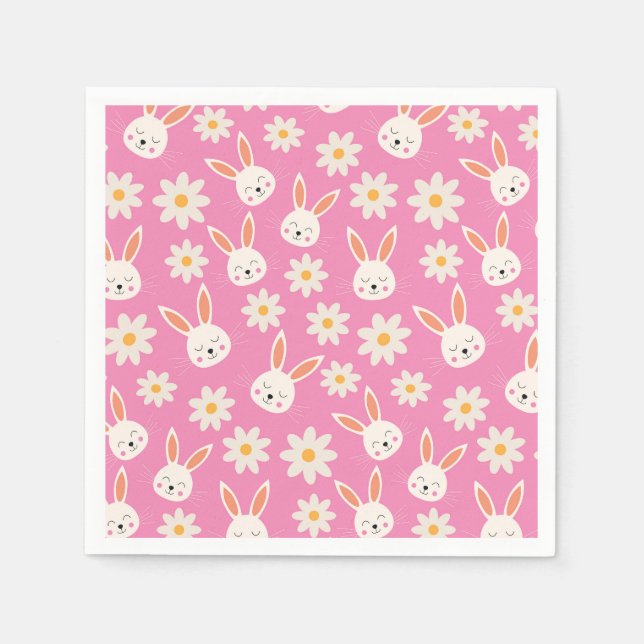 Påskharar med vita blommor på rosa pappersservett (Framsidan)