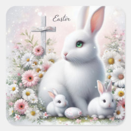 Påskharar, prästkragar och kors fyrkantigt klistermärke