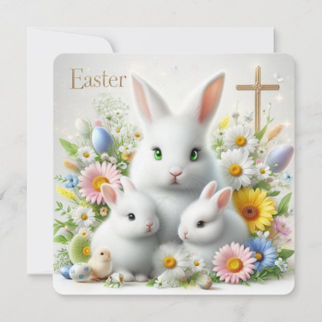 Påskharar, tusenskönor, vildblommor och ett kors julkort (Framsida)
