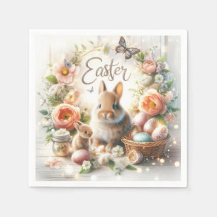 Påskhare, ägg, blommor och fjärilar pappersservett
