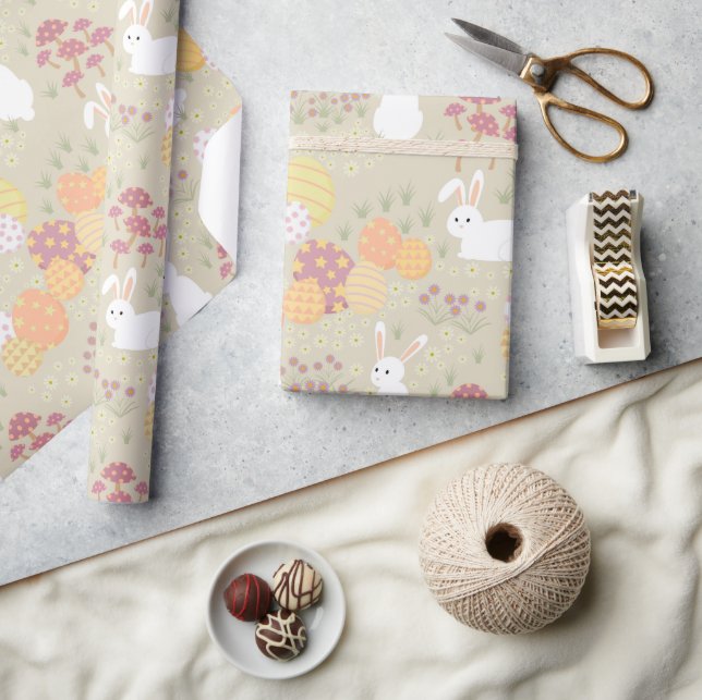 Påskhare, ägg och blommor Pastel Färg Presentpapper (Hantverk)