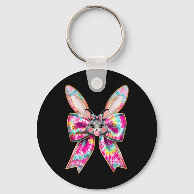 Påskhare Ansikte Tie Dye Coquette Bow Påsk Day Nyckelring (Framsida)