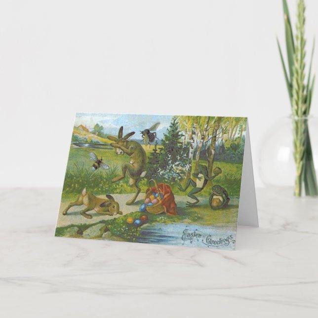 Påskhare Basket Färgad Ägggrog Helgkort (Framsida)