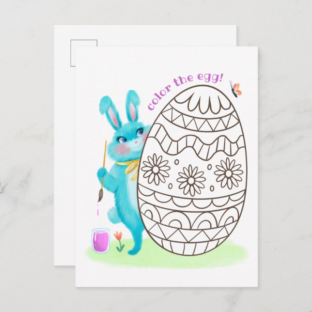 Påskhare blått kaninfärgningssidvykort vykort (Fram/baksida)