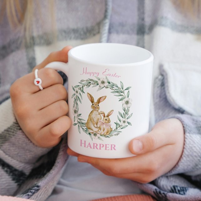 Påskhare Blommigt Utandning Glad påsk Mugg (Easter Bunny Floral Wreath Happy Easter Mug
)