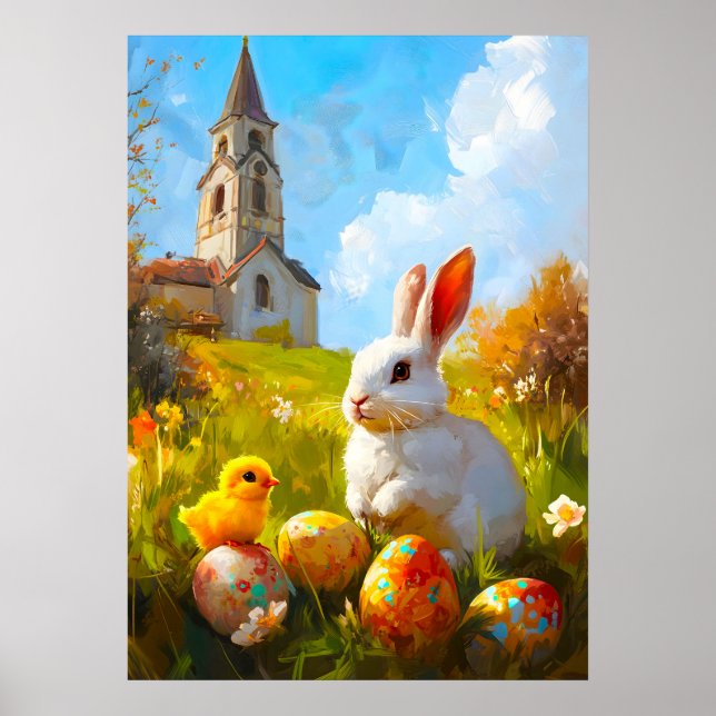 Påskhare Chick Eggs Church Painting Poster (Framsidan)