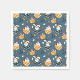 Påskhare, Chickar, Basket och blommor Pappersservett