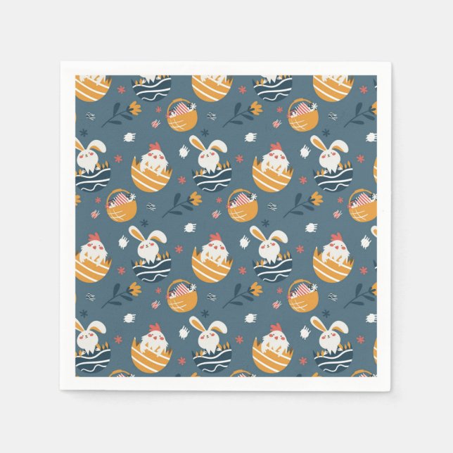 Påskhare, Chickar, Basket och blommor Pappersservett (Framsidan)