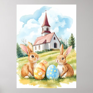 Påskhare Church Watercolor Teckning Poster