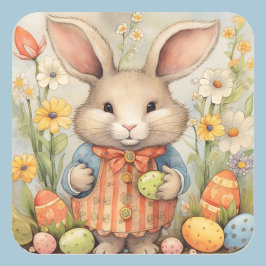 Påskhare Cute Blommigt Sticker i Vår Färg Fyrkantigt Klistermärke