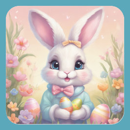 Påskhare Cute Blommigt Sticker i Vår Färg Fyrkantigt Klistermärke