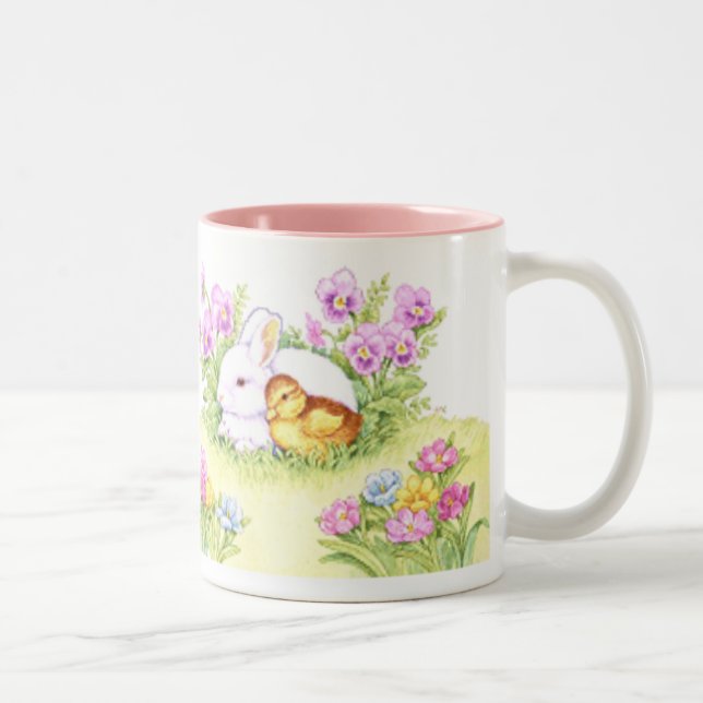 Påskhare, Duckling och blommor Två-Tonad Mugg (Höger)