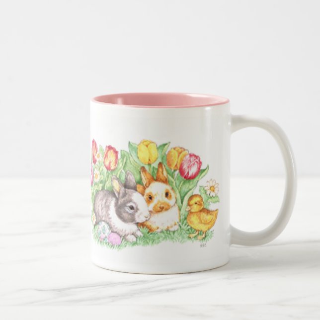Påskhare, Duckling och tulpan Två-Tonad Mugg (Höger)