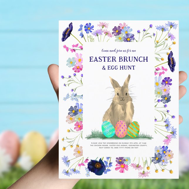 Påskhare Egg Hunt Brunch Blommigt Inbjudan Vykort (Boho floral Easter brunch and egg hunt invitation )
