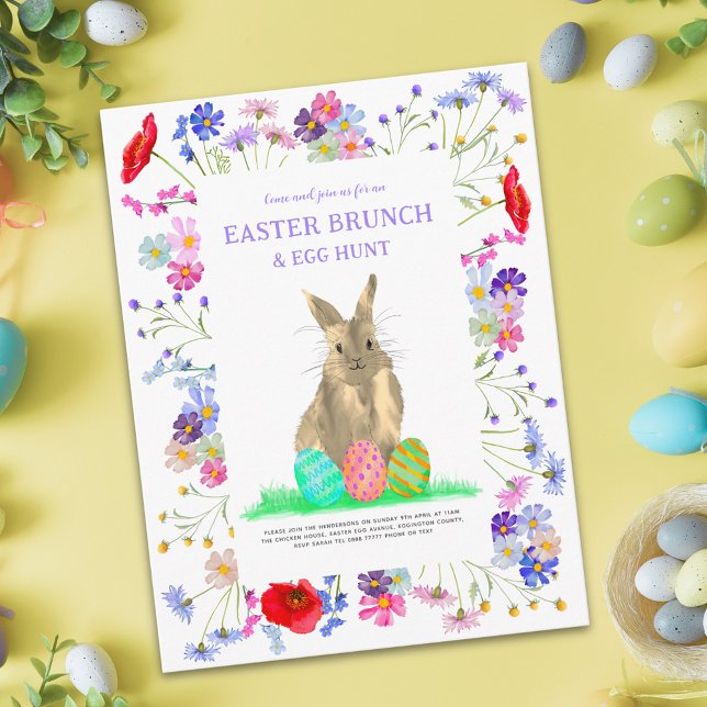 Påskhare Egg Hunt och Brunch Blommigt Inbjudan Vykort (Easter egg hunt spring brunch cute bunny watercolor wildflower floral garden party invitation budget)