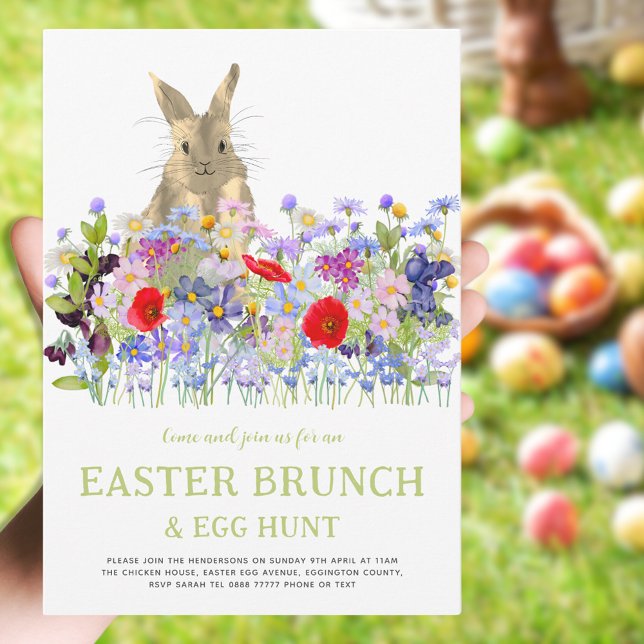 Påskhare Egg Hunt och Brunch Blommigt Inbjudningar (Easter brunch and egg hunt cute bunny floral watercolor spring party invitation )