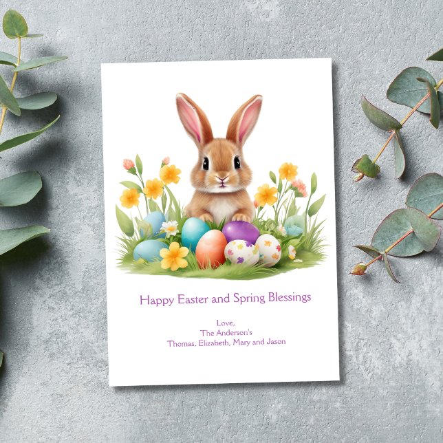 Påskhare Eggs Grass Vår blommor Julkort (Personalized Easter Bunny Greeting Card. Easter bunny sitting in grass with flowers and Easter eggs)