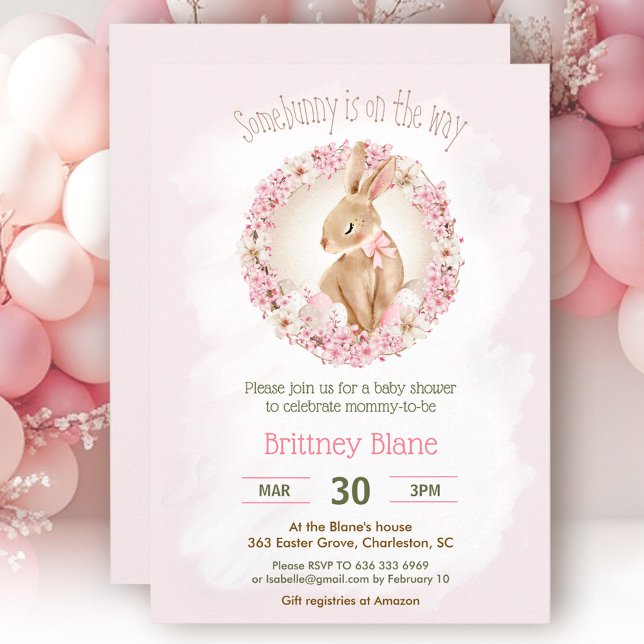 Påskhare Elegant Rosa Blommigt  Baby Shower Inbjudningar (Easter Bunny Elegant Pink Floral Girl Baby Shower Invitation)