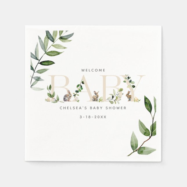 Påskhare Eucalyptus Neutralt Baby Shower Pappersservett (Framsidan)
