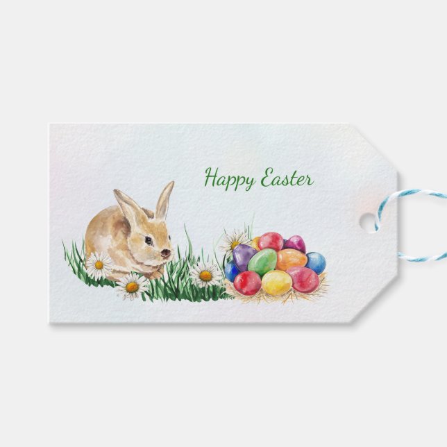 Påskhare, färgade ägg och daisy presentetikett (Framsidan (Horisontell))