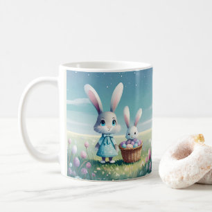 Påskhare flicka och baby bunny med ägg kaffemugg