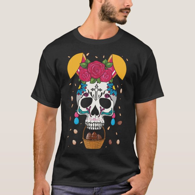 Påskhare Flower Dia De Los Muertos Lycklig Easte T Shirt (Framsida)