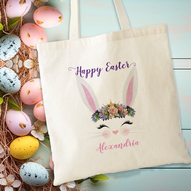 Påskhare för  av Blommigt för Rosa av Personlig i  Tygkasse (Cute Personalized Pink Floral Easter Bunny Girl Tote Bag)