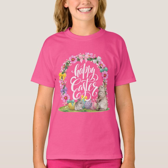 Påskhare för Rosa av Blommigt i glad påsk T Shirt (Framsida)