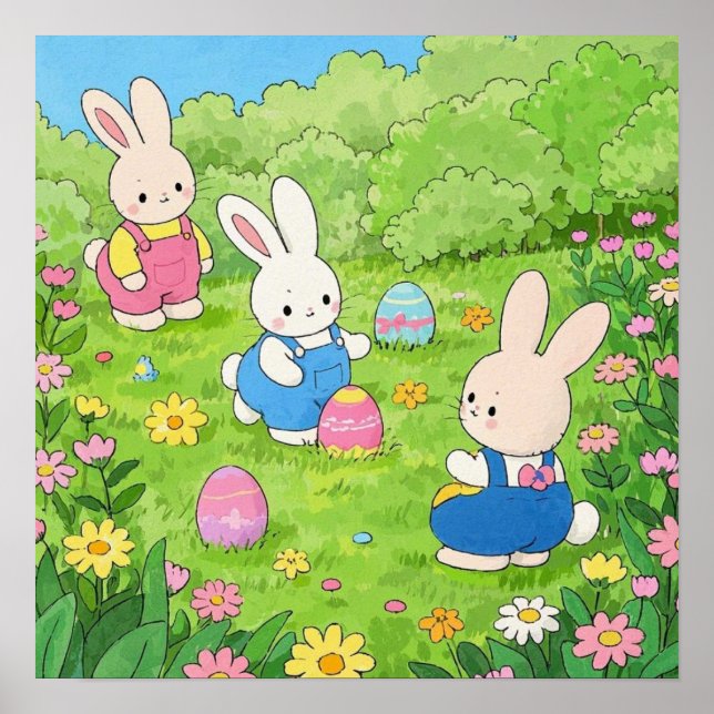 Påskhare för tecknad som gömmer ägg i trädgård poster (Framsidan)