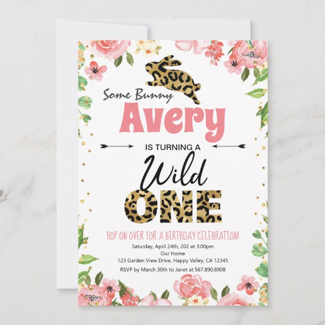 Påskhare Girl First Birthday Rosa Inbjudan (Framsida)