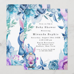 Påskhare Gnome Lila Blue Peony Baby Shower Inbjudningar