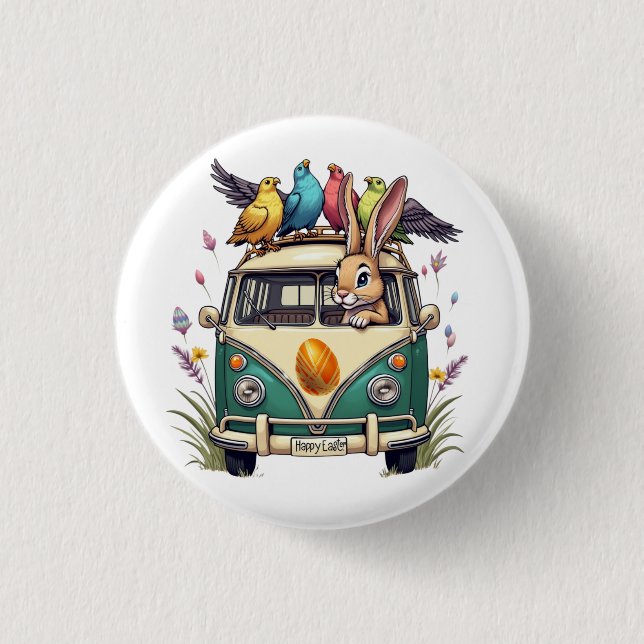 Påskhare i Buss med fågelvänner - Vår Ce Knapp (Framsida)