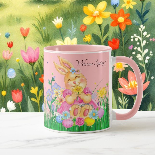 Påskhare i Rosa Spring Time Flowers Gift Mugg (Skapare uppladdad)