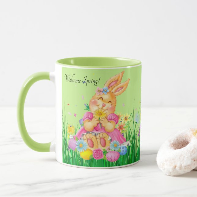 Påskhare i Rosa Spring Time Flowers Gift Mugg (Med munk)