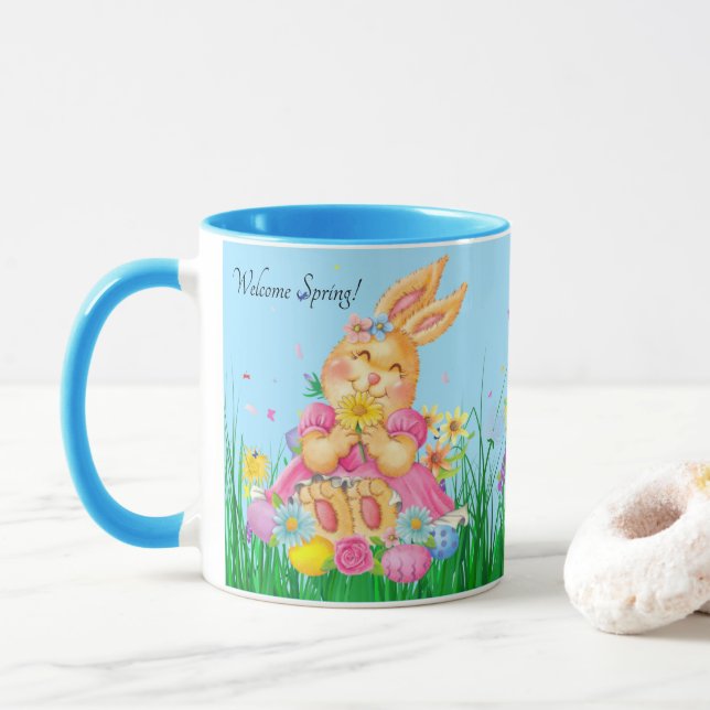 Påskhare i Rosa Spring Time Flowers Gift Mugg (Med munk)