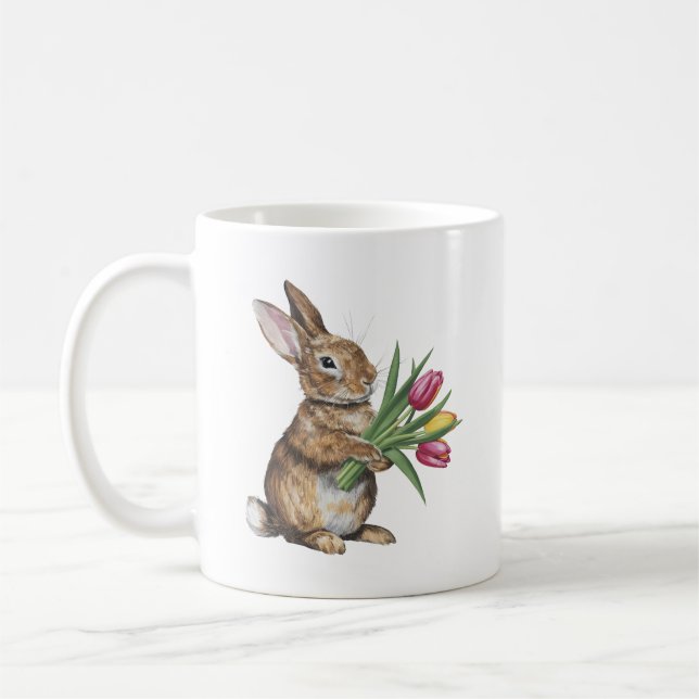 Påskhare-kanin med handfull blommor kaffemugg (Vänster)