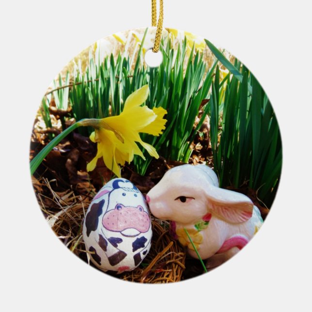 Påskhare kyssar Kow Egg Julgransprydnad Keramik (Framsidan)