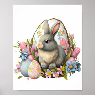 påskhare med blommor och ägg, färglöst blomning poster