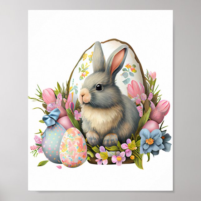 påskhare med blommor och ägg, färglöst blomning poster (Framsidan)