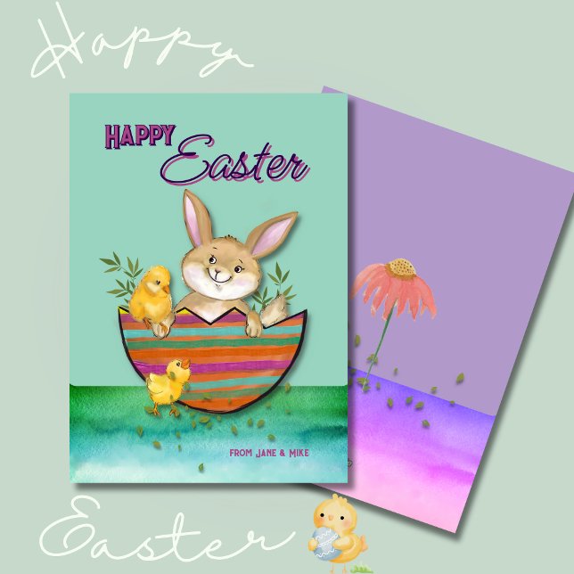 Påskhare med chickar julkort (Adorable Easter Bunny with chicks Holiday Card)