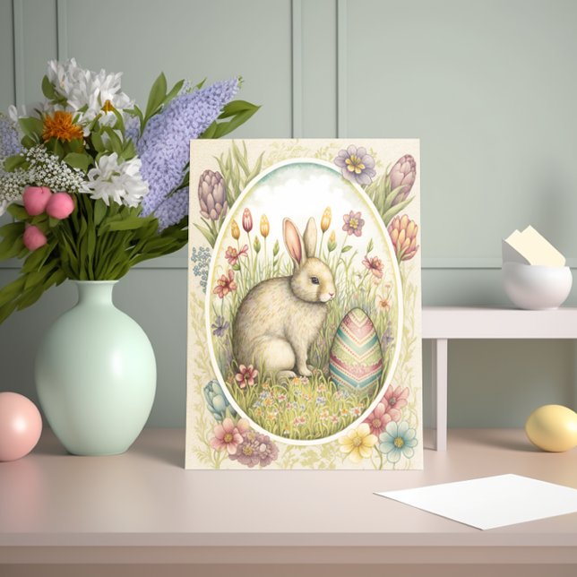 Påskhare med dekorerat ägg och blommor kort (Skapare uppladdad)