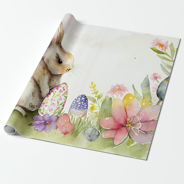 Påskhare med färgade ägg i trädgården presentpapper (Utrullad)